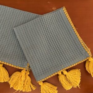 2 Mud Pie slate blue 100% cotton napkins w/mustard embroidery trim & tassels